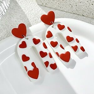 Heart Pattern Arch Dangle Studs - Handmade Clay Earrings - Valentine’s Day